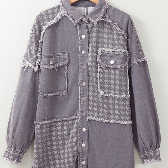 Tops - B098 Medium Grey Retro Distressed Houndstooth Patchwork Denim Jacket